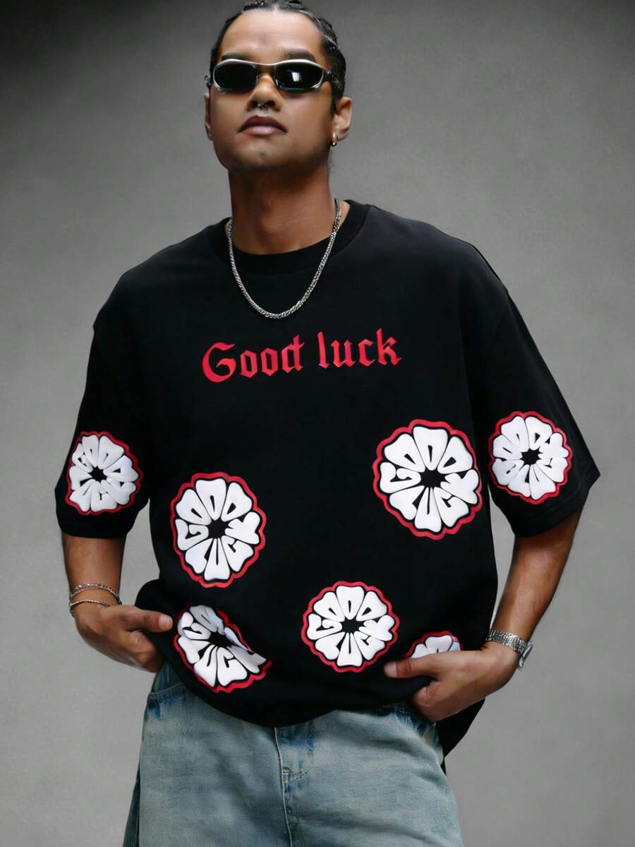 PAVTROS Áo thun nam tay ngắn cổ tròn in chữ và hoa - màu đen - Xem 1