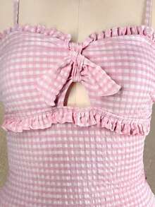 Swim Mod Dam baddräkt med rutigt tryck, volangkant och topp med trekantsunderdelar, tankini - Svart - Visa 8