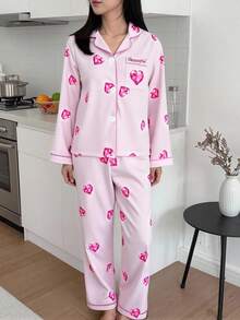 Girls' Fashionable Cute Heart & Diamond Print Cardigan & Pants Pajama Set - Pink - View 1