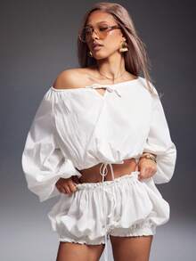 Denimoi 高品质圆领系带灯笼袖短款上衣，适合春夏穿着 - 白色 - 查看 1