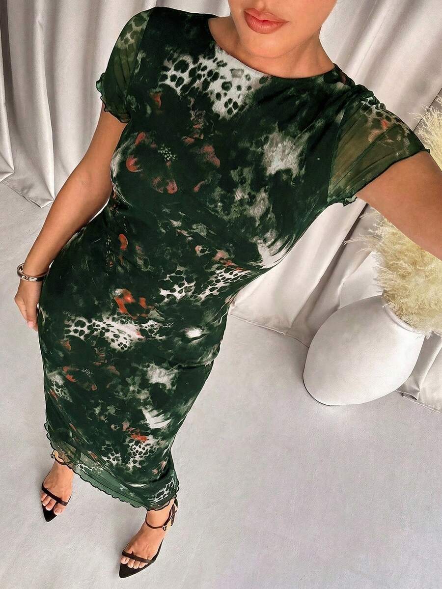 SHEIN Clasi 大码夏季时尚撞色网纱动物纹连衣裙 - 墨綠色 - 查看 1