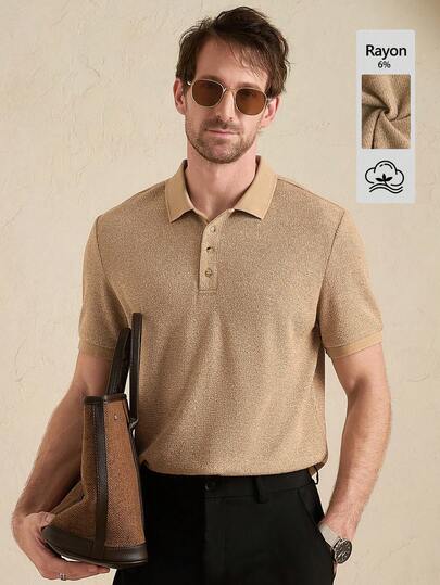 Core Aspect Men's Khaki Textured Knit Polo Shirt - Rayon Cotton Blend, Classic Collar, Premium Casual Wear/Retro Men's Khaki Textured Polo - Effortless Chic & Office Ready, Soft Rayon Blend, /Men's Polo Shirt, Knitted Crochet Fabric, Men's Khaki Polo Shirt, Men's Casual Polo Shirt, Men's Button Polo Shirt, Suitable For Daily Outings,Men Buttoned Knitted Polo/Men's Casual Short Sleeve Knit Polo Shirt Rayon Blend Breathable Collared Top