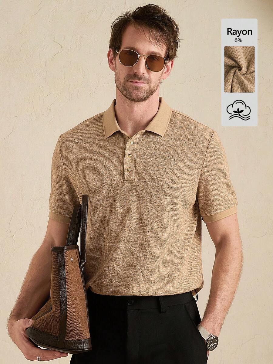 Core Aspect 男士Polo衫，针织钩编面料，卡其色Polo衫，休闲Polo衫，纽扣Polo衫，适合日常外出、朋友聚会、休闲周末穿着，是送给男友或丈夫的绝佳礼物，INS热销Polo衫 - 卡其色 - 查看 1