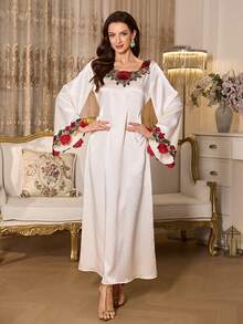 Elenzga 女士情人节3D玫瑰提花连衣裙，适合派对和通勤 - 杏色 - 查看 3