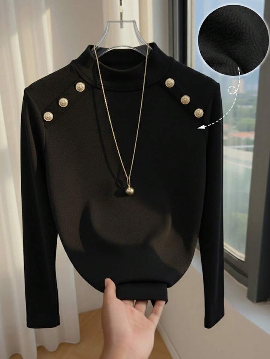 GlowEve Áo thun nữ tay dài cổ tròn màu trơn thanh lịch, điểm nhấn là cúc kim loại trên vai, kiểu dáng dễ phối đồ cho mùa thu/đông. - màu đen - Xem 1