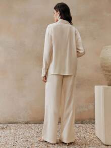 Anewsta 春夏沙滩套装，低饱和度扎染简约印花杏色长袖上衣和裤子两件套，休闲度假 - 杏色 - 查看 2