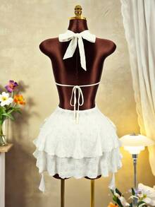 Mistrie فستان قصير للنساء بلون أحادي، بياقة حلقية، بدون أكمام، مفرغ، مكسر، مطرز - لون مشمشي - مشاهدة 2