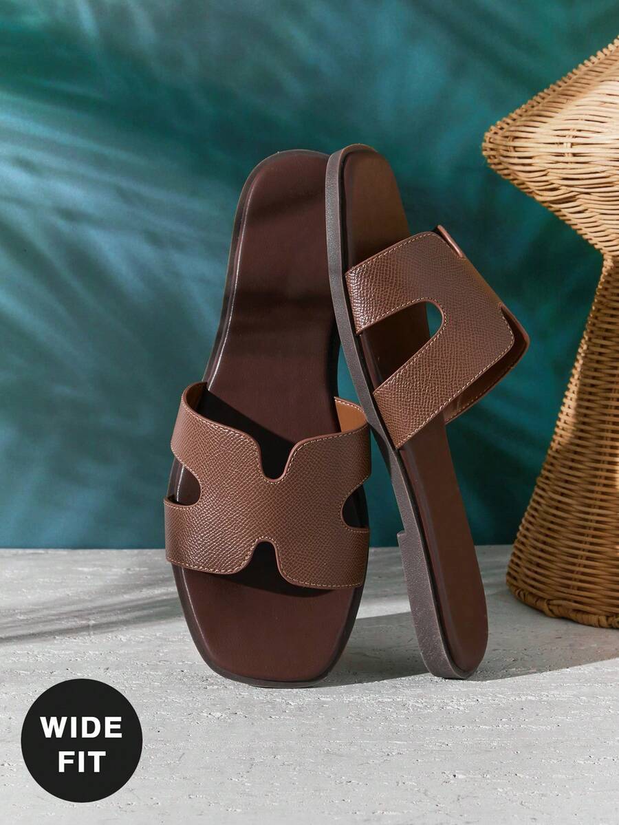 SHUZIA Wide Fit Women's Luxe-Inspired Harness Cutout Open Toe Minimalist Palm Print Pu Dark Olive Slides-Plus Size Comfort For Christmas Valentine's Day - Olive Green - View 1