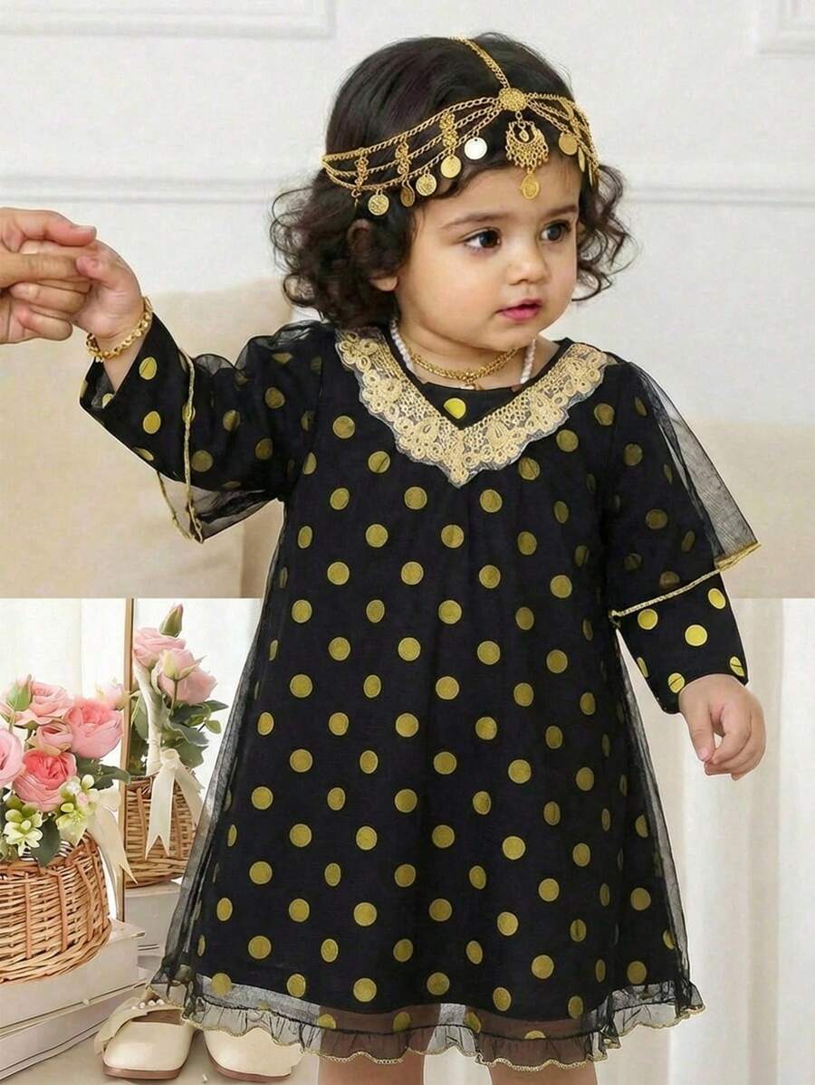 SHEIN فستان أنيق فاخر مع معطف طويل، مجموعة فستان طويل الأكمام من الشبك الأسود مع نقاط بولكا - متعدد الألوان - مشاهدة 1