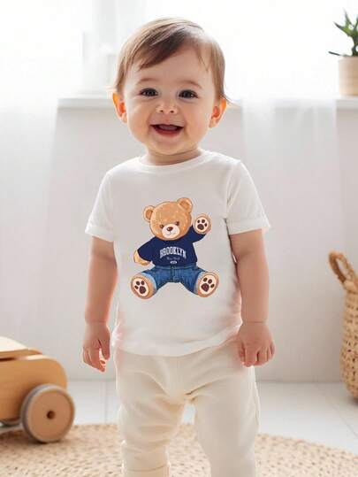 Baby Boy Fashionable Comfortable Versatile Round Neck Short Sleeve T-Shirt, Cute Bear Pattern Design, Toddler Boys' Favorite Cartoon Bear Print, Loose Round Neck Short Sleeve T-Shirt, Spring/Summer Clothing, Fashionable Casual Wear, Spring/Summer Street Outfit, Outdoor Picnic, Street Photography, Campus, Holiday, Gift
