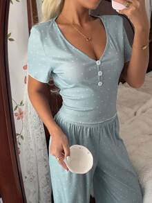 SHEIN Silky Spiral Polka Dot Pattern Short Sleeve & Pants Women Casual Pajama Set - Multicolor - View 4