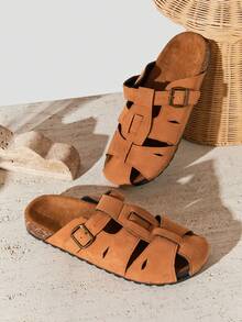 SHUZIA Dép bít mũi tròn, có khóa cài, hỗ trợ vòm chân, đế bằng nút bần, dành cho nam giới. - Lạc đà - Xem 1