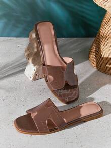 SHUZIA 畅销女式奢华风镂空露趾经典鳄鱼皮橄榄色拖鞋春季鞋 - 橄欖綠 - 查看 7