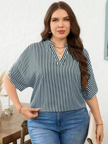 SHEIN Clasi Plus Size Striped Print Notch Collar Casual Short Sleeve Shirt - Baby Blue - View 3
