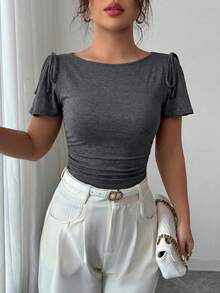 Elenzga 深灰色圆领荷叶袖收腰T恤，时尚休闲日常办公穿着，春夏女装 - 灰色 - 查看 3