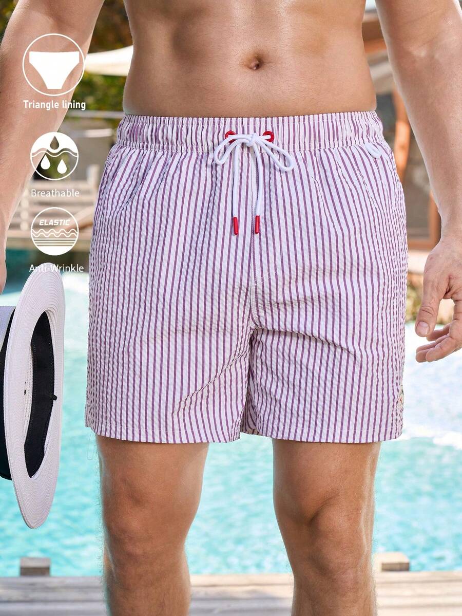 Manfinity Swimmode Men's Summer Vacation Striped Drawstring Waist Beach Shorts - Multicolor - View 1