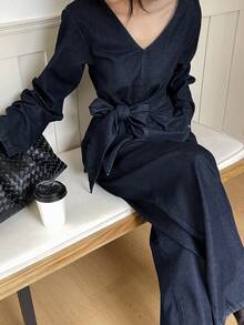 女士V领长袖打结腰身牛仔上衣搭配牛仔裤休闲装 - 藍色 - 查看 4