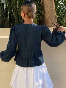 DAZY 女士灯笼袖前系带荷叶边下摆牛仔外套 - 藍色 - 查看 2