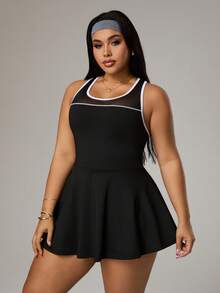 Rhythm Era Đầm thể thao cỡ lớn dành cho nữ với các mảng phối màu tương phản và quần short lưới, phù hợp cho trang phục thường ngày, chạy bộ, yoga, tập gym, tennis, golf, mùa xuân/hè. - màu đen - Xem 4