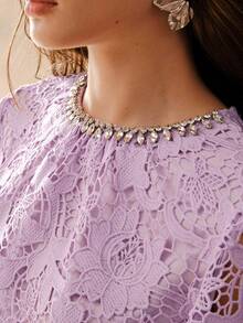 MOTF PREMIUM WOMEN'S PURPLE DELICATE RHINESTONE DETAIL LACE RUFFLE SLEEVE MERMAID HEM DRESS - Purple - View 2