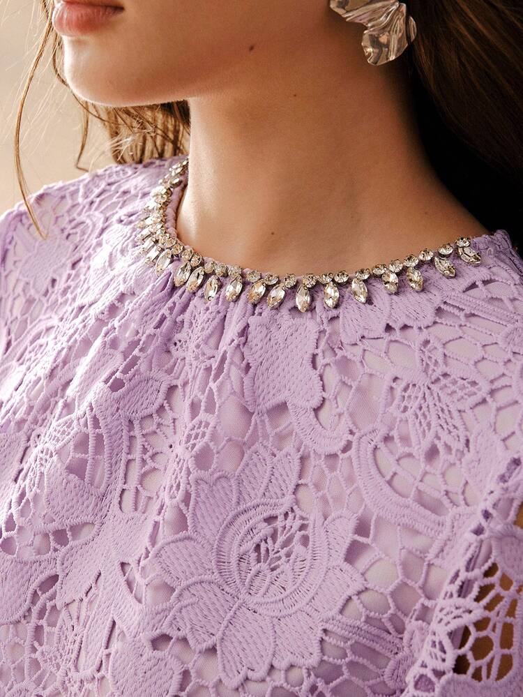 WOMEN'S PURPLE DELICATE RHINESTONE DETAIL LACE RUFFLE SLEEVE MERMAID HEM DRESS