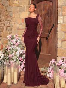 Glamrae Elegant Luxurious Pearl & Rhinestone Mesh Splice Ruched Fishtail Dress, Suitable For Weddings, Parties, Vacations, Galas, Evening Formal Occasions - Burgundy - View 4