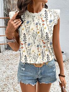 EMERY ROSE Áo cánh ngắn tay lửng in họa tiết lá hình học cổ tròn mùa xuân/hè cho nữ - Màu be - Xem 1