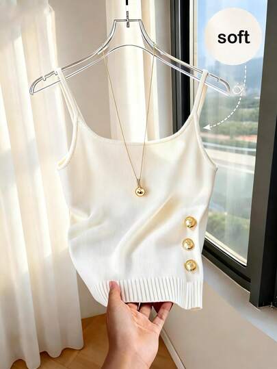 Franclia Camisole Bodycon com Botão Decorativo em Tricô Minimalista na Cor Sólida Damasco, Adequada para Uso Diário, Transporte, Macia e Confortável, Primavera/Verão