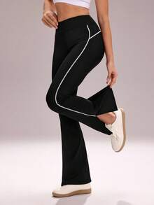 SHEIN Unity Women's High Waist Contrast Trim Flared Leg Split Hem Sweatpants - Black - View 1