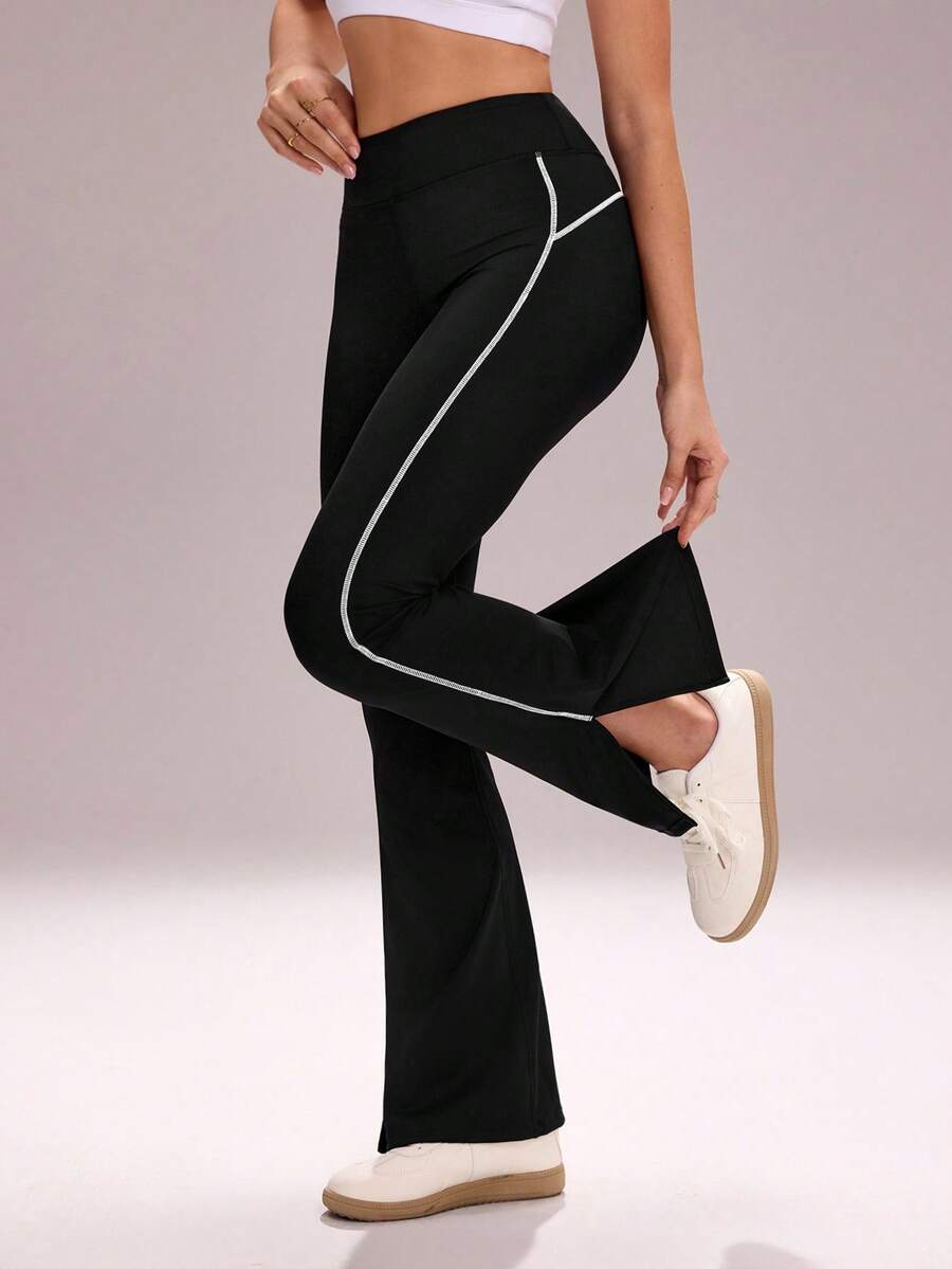 SHEIN Unity Women's High Waist Contrast Trim Flared Leg Split Hem Sweatpants - Black - View 1