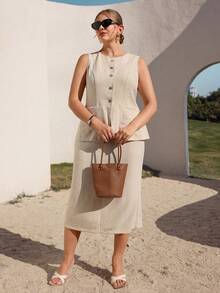 Juhart Plus Size Women's Early Spring Apricot Casual Minimalist Vacation Style Linen Cardigan & Midi Skirt 2-Piece Set Zanea Dress For Woman Linen Outfits For Women Business Casual Women Co Ords Zante Holiday Outfit Business Casual Outfit Women - Apricot - View 3