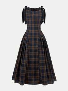 SHEIN Tween Girl Fashionable Elegant Plaid Round Neck Sleeveless Dress - Blue - View 2