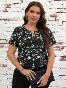 SHEIN Clasi Áo sơ mi tay ngắn cổ chữ V in hoa cỡ lớn, kiểu dáng thường ngày. - màu đen - Xem 3