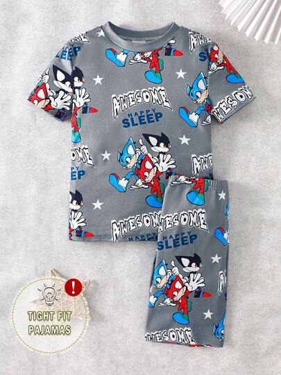 2pcs/Set Boys' Casual Doraemon Graphic Short Sleeve Tee And Shorts Pajama Set, Stretchy Knit Comfortable Soft Loungewear For Summer