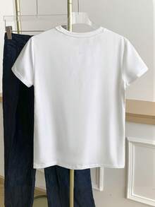 Resyla Camiseta de manga corta con cuello redondo, estampado de corazón de diamante de imitación, estilo casual de verano para tallas grandes - Blanco - Ver 2