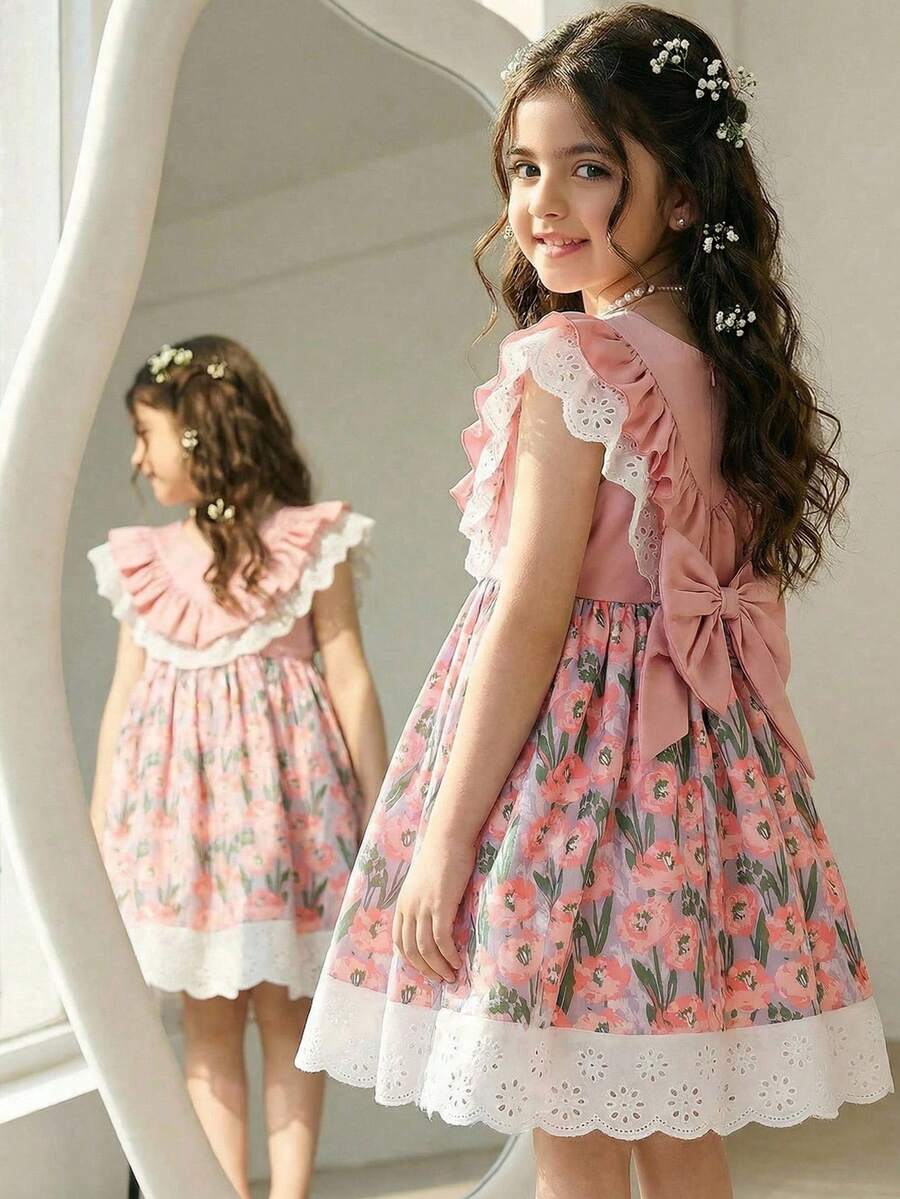 SHEIN 少女碎花V领荷叶边下摆休闲连衣裙 - 彩色 - 查看 1