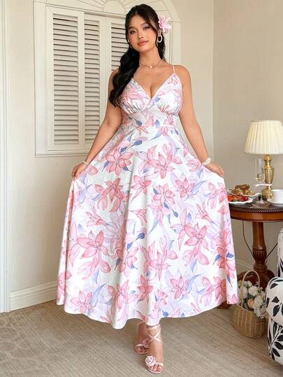 Celure Plus Size Elegant Floral Print Sleeveless Dress, Summer