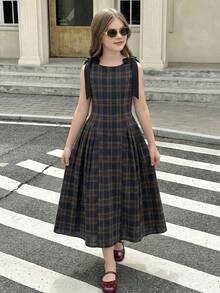 SHEIN Tween Girl Fashionable Elegant Plaid Round Neck Sleeveless Dress - Blue - View 5