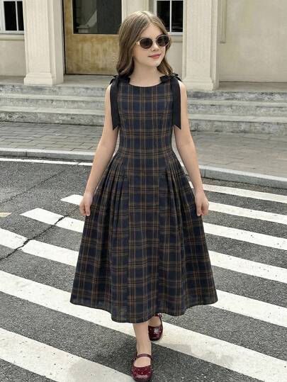 SHEIN Tween Girl Fashionable Elegant Plaid Round Neck Sleeveless Dress Elegant Girl Dress Dark Blue Plaid Dress Girls Plaid Dress Girls Dress With Bow Midi Girl Dress Vintage Plaid Dress Picnic Dress Pleated Plaid Dress Vintage Dress Preppy Teen Girl Long Dress Girls Midi Dress