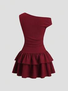 Sweetra Đầm nữ màu trơn xếp ly bất đối xứng nhiều lớp - Đỏ - Xem 2