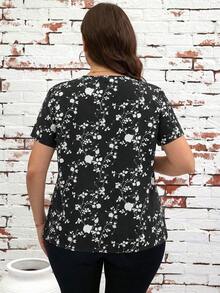 SHEIN Clasi Áo sơ mi tay ngắn cổ chữ V in hoa cỡ lớn, kiểu dáng thường ngày. - màu đen - Xem 2