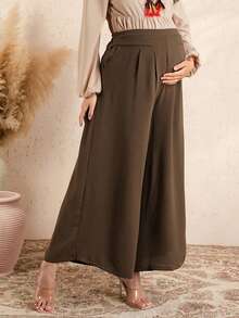 SHEIN Women's Summer Linen-Feel Solid Casual Wide Leg Pants, Adjustable Elastic Waist Maternity Pants - Brown - View 6