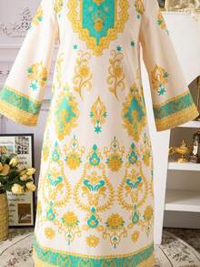 SHEIN Young Girl All-Over Print Elegant Long Sleeve Round Neck Dress - Green - View 5