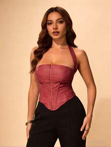 Glamine Fashionable Sexy Backless Halter Neck Fitted Leather Jacket Corset Top Leather Top Leather Corset Top Halter Neck Top Bohochic Halter Neck With Fishbone Design For 3D Waist Shaping - Brown - View 6