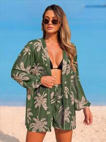 Swim Lushoire 女士沙滩度假套装，网纱面料椰树印花长袖罩衫上衣，印花抽绳短裤，罩衫套装 - 綠色 - 查看 5