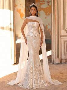 Aureia 优雅白色浪漫蕾丝抹胸，塑形贴花，3D腰部设计，鱼尾裙摆（可拆卸挂脖荷叶边），适合所有正式场合、婚礼、婚纱 - 白色 - 查看 6