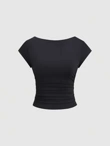 Sweetra Solid Color Round Neck Pleated Fitted Elegant Fashion Short Sleeve T-Shirt - Multicolor - View 4