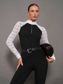 Activina Women's Lace Patchwork Stand Collar Casual Versatile Equestrian Riding Long Sleeve Top - Black and White - View 1