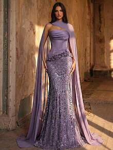 Glamrae Elegantes braunes luxuriöses Paillettenspitze-Patchwork-Kleid mit Off-Shoulder Meerjungfrauensaum und verstellbarer Krawatte, geeignet für Dates, Urlaub, Singles-Partys, Hochzeiten, formelle Anlässe - Violett - Übersicht 2