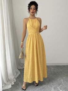 Elenzga Women's Solid Color Spaghetti Strap Cinched Waist A-Line Dress,Textured Fabric,Knee-Length,Yellow,Summer,Tropical,Garden Party,Vacation,Simple Design - Yellow - View 5